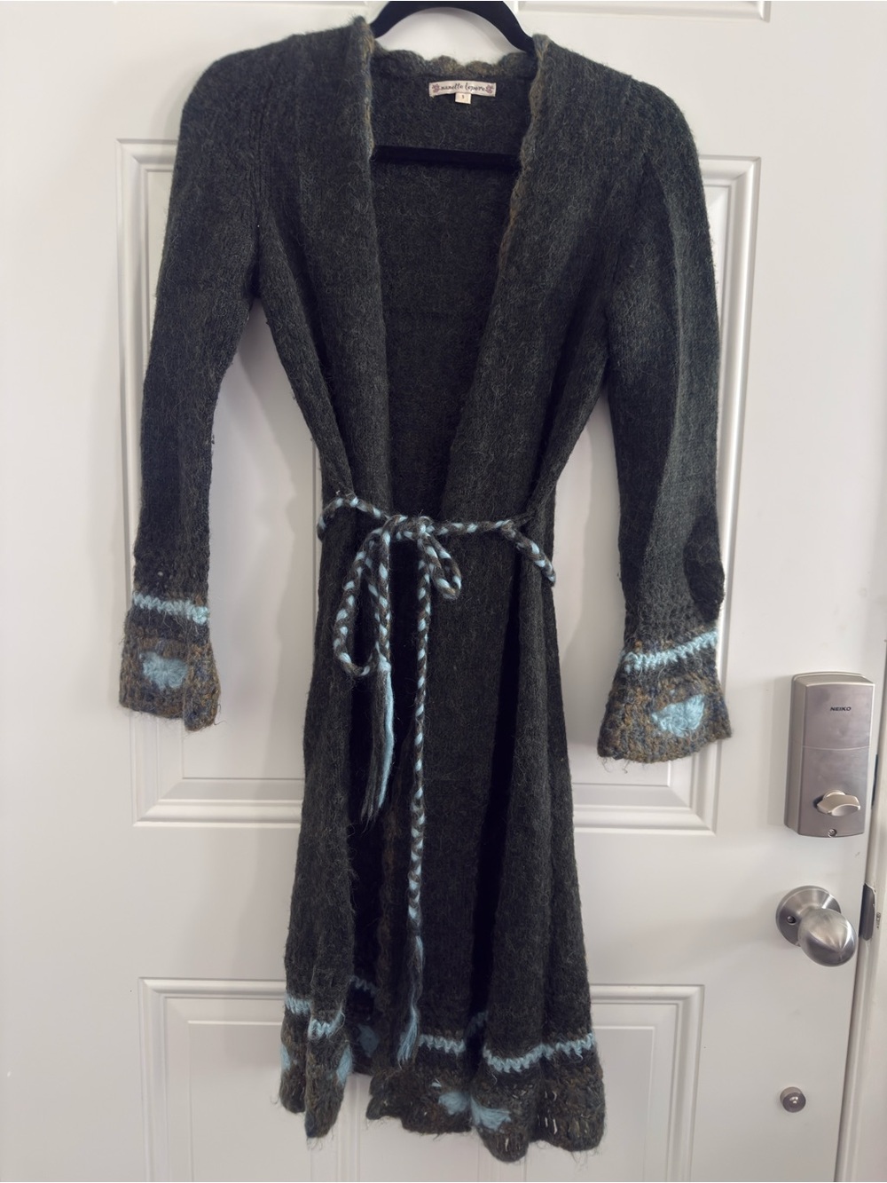 Nanette Lepore Olive Green Fuzzy Knit Cardigan with Heathered Blue Trim